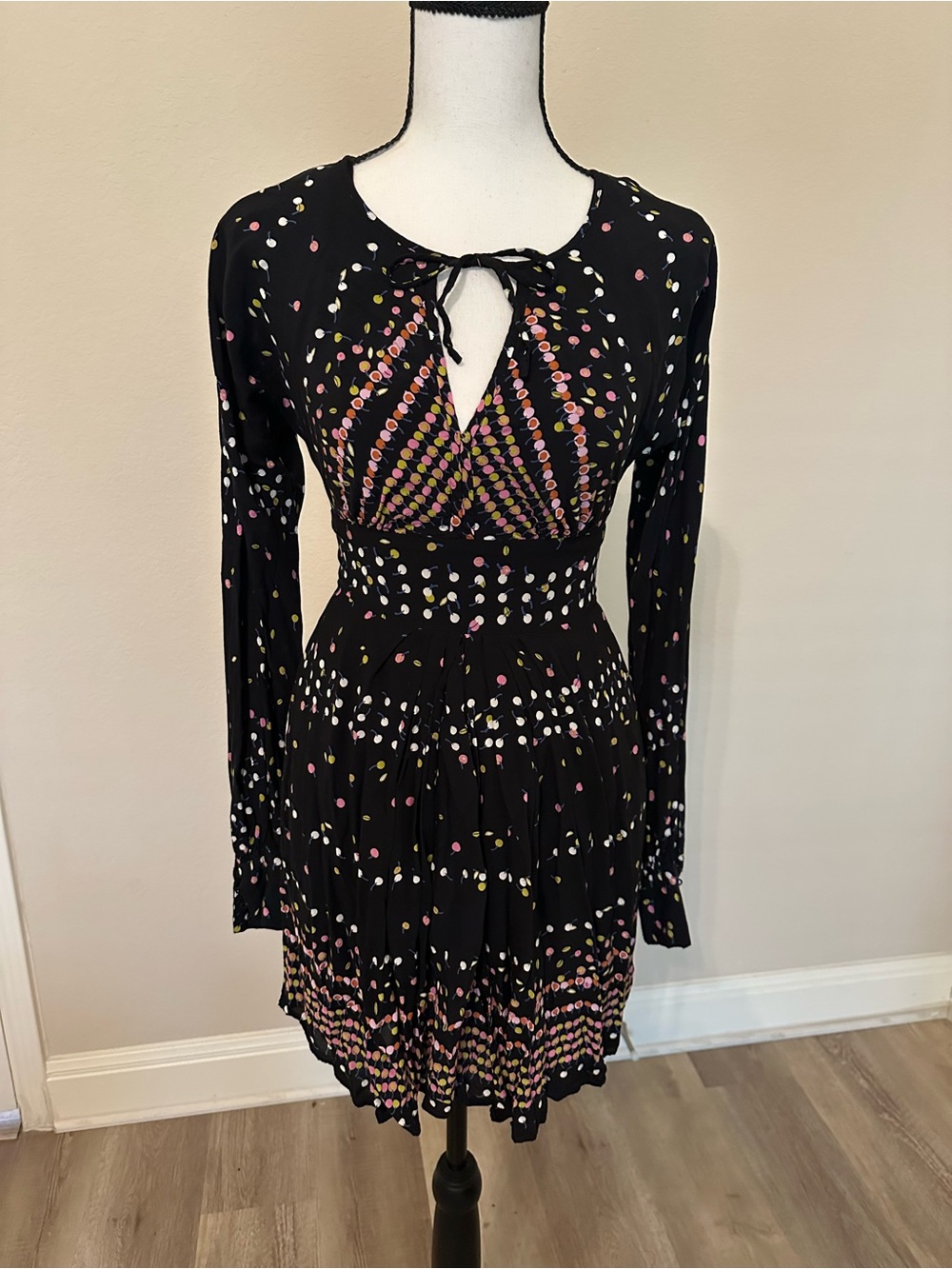 Free People Black Long-Sleeve Polka Dot Tie-Neck Fit & Flare Dress
